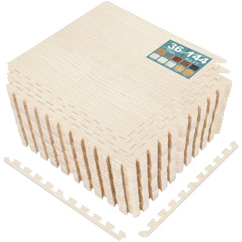 Sorbus Wood Grain Floor Tiles Foam Mat EVA Interlocking Mats Tile 3/8-Inch Thick Flooring Wood Puzzle Exercise Mats w/Borders - Home Playroom Basement, Apartment, Trade Show, Baby, Dance - color: Light Pine, size: 36 Pack