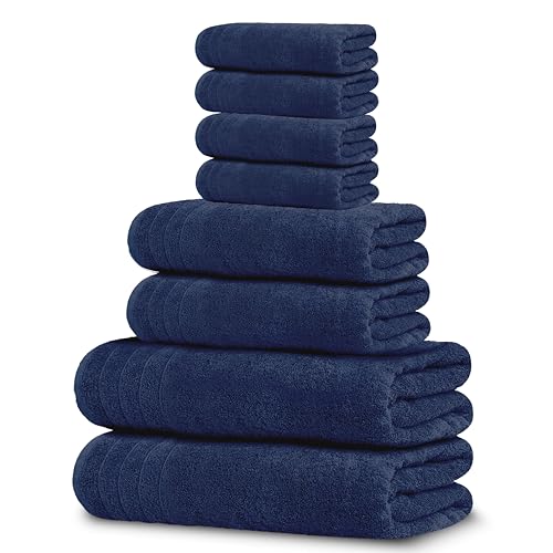 Tens Towels Pack of 8 Towels Set, 2 Extra Large Bath, 2 Hand, 4 Washcloths, 100% Cotton, Lighter Weight, Quicker to Dry, Super Absorbent, Perfect for Bathroom, Navy - color: Navy