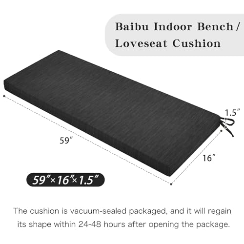 baibu 59 Inch Classic Solid Color Bench Cushion with Ties, Non-Slip Indoor Rectangle Bench Seat Cushion Standard Size Foam Pad with Machine Washable Cover (Black, 59x16x1.5Inch) - color: Black, size: 59x16x1.5 Inch (Pack of 1)