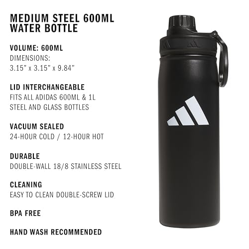 adidas Stainless Steel Metal Water Bottle 20 oz (600 mL) Screw Cap - color: Black/White