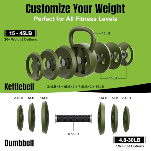 Hezeyferg 2-in-1 Adjustable Kettlebell for Home Gym Strength Training | 15-45 LB Kettlebells Weight Set, 4.8-30 LB Dumbbell Weights, with Wide Grip, for Men/Women Full Body Exercise - color: Green