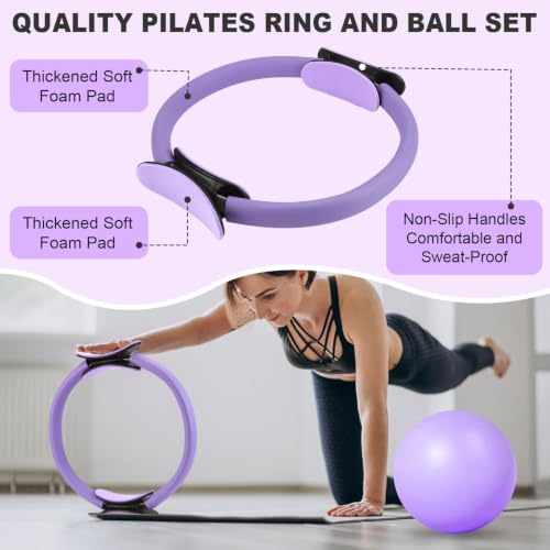 Pilates Kit-14PCS Pilates Equipment Set | home pilates kit includes pilates ring and ball, resistance bands, ankle weights and socks, for strength and flexibility - color: purple