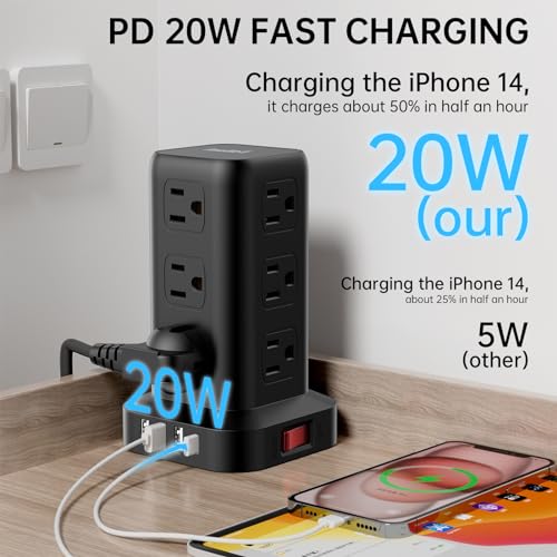 Extension Cord with Multiple Outlets, SMALLRT Power Strip Tower with USB Ports 12 AC Outlets, PD 20W USB C, 15FT Outlet Extender for Home Dorm, Office Supplies, Overload Protection - color: Black, size: 15 Ft without wireless charging 20W