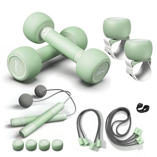 HTQ Adjustable Dumbbells, 4 in 1 Dumbbells Set Used as Barbell, Jump Rope, Wrist Weights, Resistance Band, Fitness Exercises for Home Gym Suitable for Women, Green