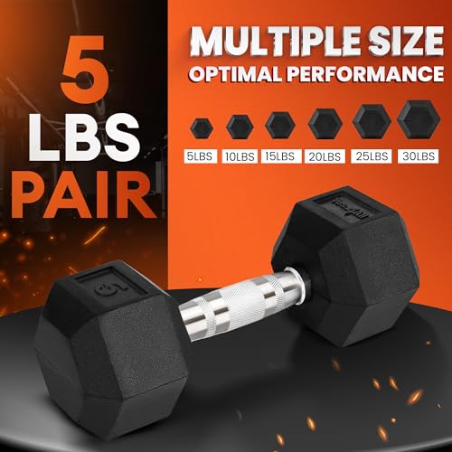 Yes4All Chrome/Rubber Grip Encased Hex Dumbbells – Hand Weights With Anti-Slip 10-30 LBS Pair - color: A. 05lbs - Pair, style: Chrome Grip