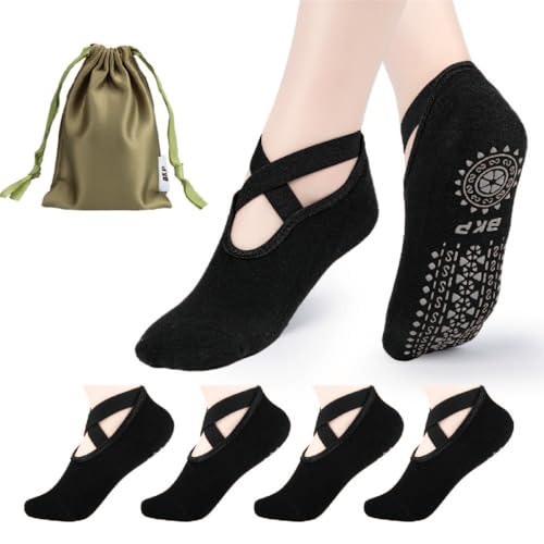 BKP Yoga Socks for Women,Pilates Socks Non Slip Grip Socks Suitable for Ballet,Plasticity,Dance,Home,Training - color: 4pairs-(black)
