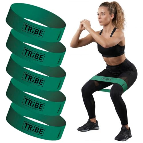 Tribe Lifting Fabric Resistance Bands for Working Out - 5 Exercise Bands Set for Legs and Glutes - Booty Bands for Women and Men - Thick Cloth Workout Bands for Physical Therapy, Hip Training - color: Medium Green
