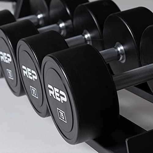 REP Fitness Urethane Coated Round Dumbbells, 5 to 100 lbs, Singles or Pairs, With or Without Rack, Steel Core, Rubber Encased, Chrome Handles, Professional Weights for Home Gym Strength Training - style: 5-50 lb set with 3 Tier Rack