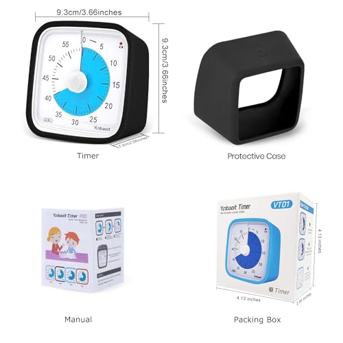 Yunbaoit Visual Timer, Silent 60-min Countdown Timer for Kids, Black Blue | Protective Case, Time Management Tool, Mute and Ringing Alarm Available, Low Power Reminder, for Study,Game,Work,Fitness etc - color: Black Blue