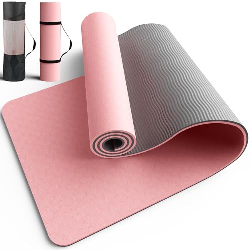 Pureegg Non Slip Yoga Mat, TPE, 72" x 24" x 0.24", Pilates | Workouts, Exercise, Core Training, Dual-Sided Texture, Stays Flat, Portable, With Strap & Carry Bag