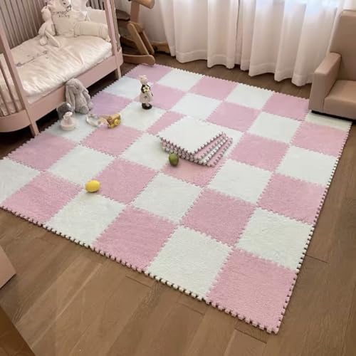 10pcs Plush Puzzle Foam Floor Mat, Soft Fluffy Interlocking Square Foam Tiles Area Rugs Carpet for Parlor Bedroom Decoration(11.8x11.8in, Pink & White) - color: Pink & White