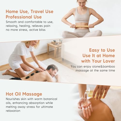 14 Pcs Hot Stones Massage Warm Kit Solid Bamboo Massage Stick Body Gua Sha Tool Heater with Temperature Adjustment, Basalt Hot Rocks Back Foot Body Massage for Home Spa Relieve Muscle Pain
