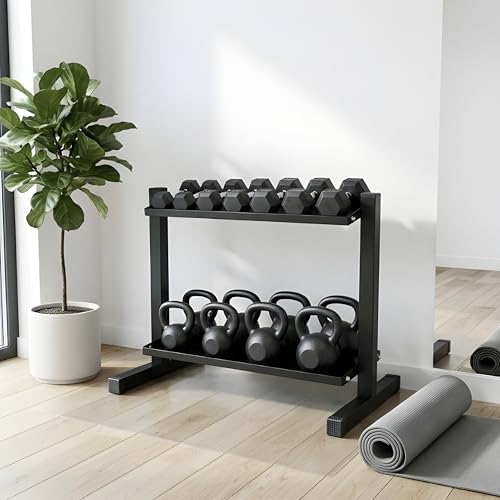 FEBTECH Heavy-Duty 2-Tier Kettlebell Rack, Gym Storage Rack for Kettlebells | Compact kettlebell rack design weight rack for home gym, steel weight storage racks organizer with secure weight holder Black