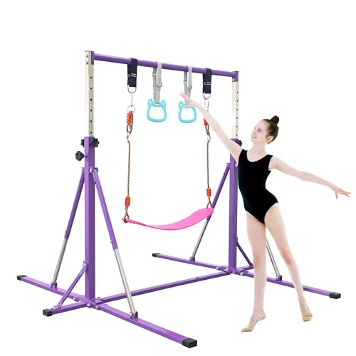 FC FUNCHEER Foldable Gymnastics Bar,5FT Horizontal bar,Adjustable Kids Training bar for Kids Ages 3-15,Kids Gymnastics bar,Triangle Stable Structure-Gym Equipment for Home - color: Purple, style: Bar-Swing-Rings