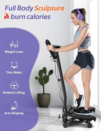 Mini Stepper with Handlebar for Exercise, 330lbs Stair Climber Machine | Hydraulic Fitness Stair Stepper with Resistance Band, Portable Workout Equipment for Home - style: Stepper with Handlebar-Black