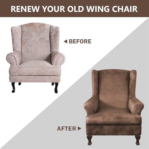 ANARACHON Leather Look Wingback Chair Covers, 2-Piece Wing Chair slipcover,Stretch Wing Back Armchair Slipcovers with Elastic Bottom, Soft Spandex Furniture Protector for Living Room (Light Brown #2) - color: Light Brown #2