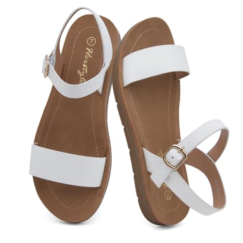 Herstyle Flat Sandals for Women – Open Toe 1 Band Ankle Strap Summer Dressy Sandals, Lightweight Casual Strappy Slip-On Flats with Adjustable Buckle - color: White, size: 7