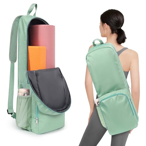 Yoga Mat Bag Carrier Side Mesh Zipper Pocket Exterior Wet Compartment Lightweight Waterproof Yoga Bag for Mat - color: Green