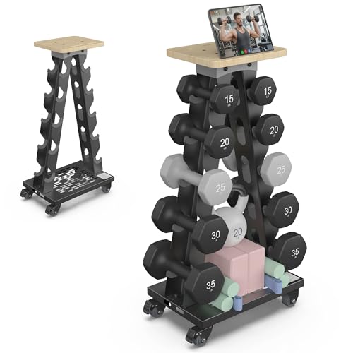 Vertical Dumbbell Rack, 5-Tier Weight Rack, Wheels, 300LBS Capacity | A-Frame Design, Solid Steel Construction, Training Platform, Bottom Tray, Home Gym Organizer, Rack Only