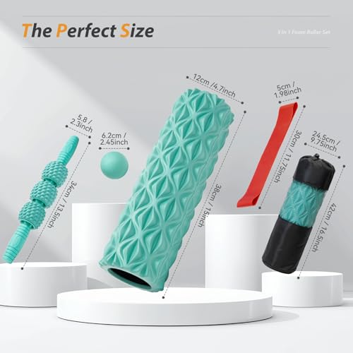 5 in1 Foam Roller Set, Trigger Point Foam Roller, Massage Roller Stick, Massage Ball, Resistance Band for Deep Muscle Massage Pilates Yoga,Fitness Exercise for Whole Body (Pure Turquoise) - color: Pure Turquoise