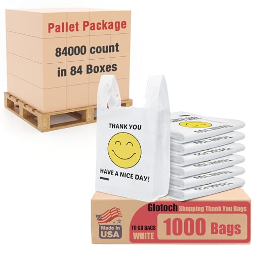 Glotoch 84000 (84K) Ct Plastic Thank You T-shirt Bags Smile Face, 11.5 x 6.5x 21" Have Nice Day Grocery Shopping Gift Bag with Handles for Restaurant, Retail, To go, Convenience Store - color: White Smile, size: 84000 Count