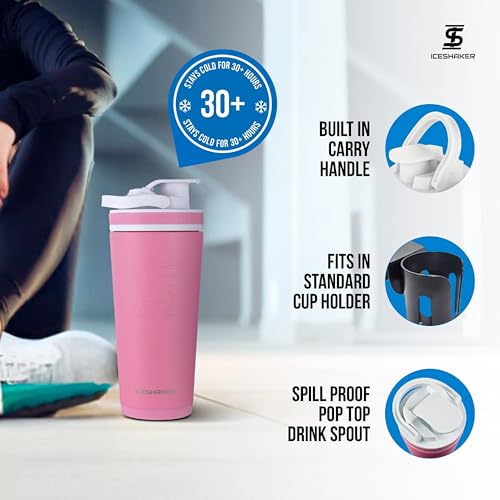 Ice Shaker Insulated Stainless Steel Shaker Bottle | 26oz, Pink | Cold for 30+ Hours | Insulated Cup with Twist-on Agitator | Odor-Free Bottle for Protein Shakes, Water, Smoothies, Cocktails - color: Pink