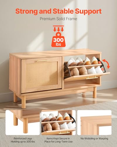 VEVOR Rattan Shoe Storage Bench, Entryway Bench with 2 Flip Drawers, Holds up to 300 lbs with 4 Compartments and 2 Rattan Doors, 39.4 x 11.8 x 20.9 Inches for Hallway, Living Room, Bedroom - size: 2 Rattan Doors
