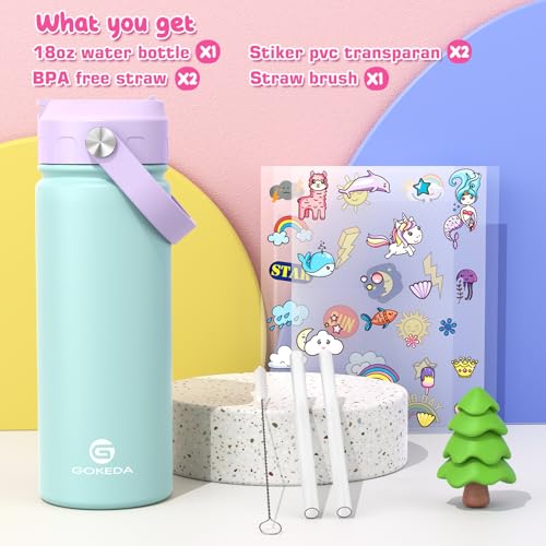 GoKEDA 18oz Kids Water Bottle, Insulated Bottles with Stickers, 18/8 Stainless Steel Vacuum Leak Proof Straw Cup for School, Gifts for Boys Girls(PurpleGreen) - color: Purple Green