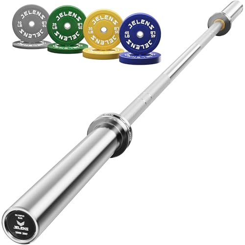 JELENS 7FT Bar Olympic Barbell, 1000lb Capacity Weight Bar for Strength Training, 2 Inch Strength Training Bar With Knurled Grip for Squats, Deadlifts, Presses, Rows, Curls - size: 7FT Olympic Barbell with 230 LB Colored Plates