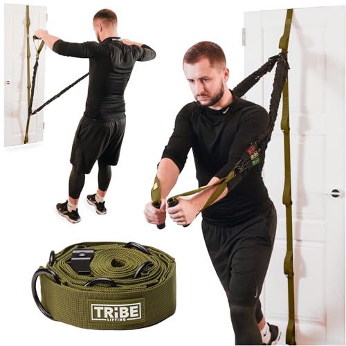 Door Anchor Strap for Resistance Bands with 5 Loops and Metal D-Rings | Fits most doors and resistance bands, 5 anchor points, reinforced nylon, tool-free setup, full-body workout versatility - color: Green Door Strap