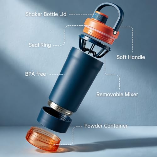 Fijinhom 24 oz Insulated Shaker Bottle with Portable Powder Container. | Leak-Proof Protein Shaker Bottle, 304 Stainless Steel Insulated Water Bottle with Removable Mixer, Measurement Marks, Blue - color: Blue