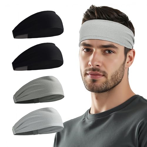 Sukeen Cooling Sports Headbands for Men: Instant Cooling Moisture Wicking Sweatbands Non-Slip Elastic Mens Headband Gym - color: Black/Black/Dark Gray/Gray, 4 pack