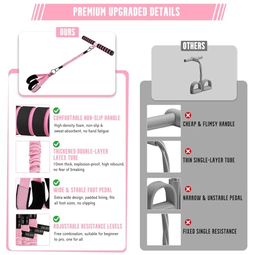 Pedal Resistance Band with Handle, 3-Level 30/40/50 Lbs Exercise Band Set with Foot Straps & Storage Bag, Portable Home Gym Equipment for Yoga Strength Training Full Body Workout - color: pink
