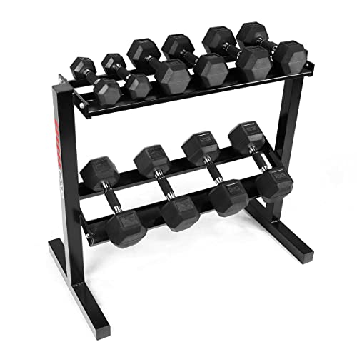 WF Athletic Supply Rubber Encased Hex Dumbbells with Rubber Grip Contoured Handle for Muscle Toning, Strength Building & Full Body Workout - color: r. 150LB Dumbbell Set w/ 2-Tier Rack