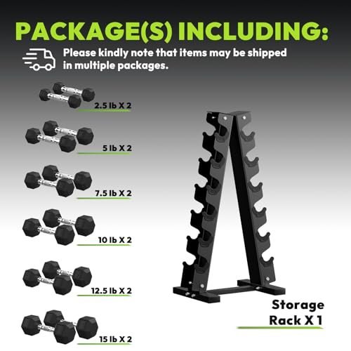 HANDBODE Rubber Coated Hex Dumbbell Set with A-Frame Rack, 100 lb - 600 lb Multiple Options Weight, Hexagon Non-Rolling Shape, Ergonomic Knurled Handle, Home Gym Equipment for Strength Training - style: 105 lb (2.5, 5, 7.5, 10, 12.5, 15 lb) X 2 & Rack