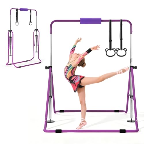 VEVOR Gymnastic Bars for Kids, 140 lbs Capacity Folding Training Kip Bar with Mat, 5 Adjustable Height Gymnastic Horizontal Bar Home, Training Equipment for Indoor Outdoor, Easy Assemble - color: Purple