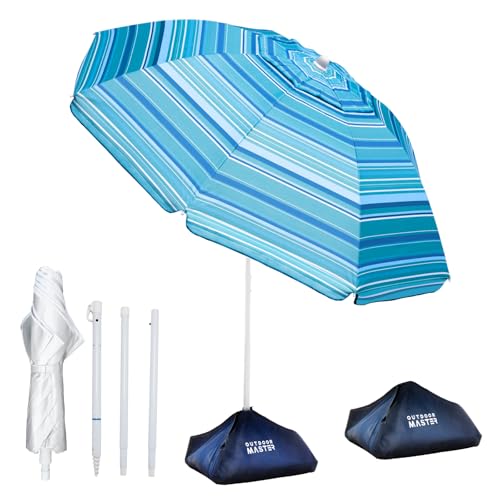 OutdoorMaster 7.2ft Beach Umbrellas for Sand with Sandbag & Anchor | 7.2ft Adjustable Umbrella for Beach, Wind Resistant, Portable UPF50+ Sunshade with Carry Bag for Patio - color: Light Blue Striped