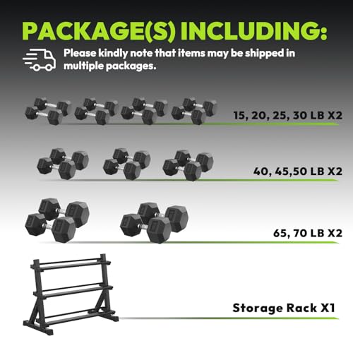 HANDBODE Rubber Coated Hex Dumbbell Set with Rack, 300-840 lb | Fixed Weights Sets with Heavy Duty Storage Stand, Multiple Weight Options Home Gym Equipment for Strength Training - style: 720 lb Set (15-70 lb) with Rack
