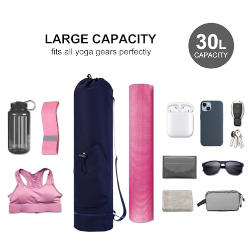 sportsnew Yoga Mat Bag with Water Bottle Pocket & Wet Pocket for Women | Yoga mat carrier fits 1/8"-3/8" yoga mats, quick-access multi-pocket organization, lightweight for gym, Pilates & studio - color: Navy Blue, size: Medium