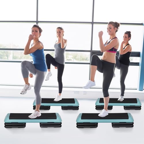 43" Exercise Aerobic Step Platform, Adjustable Fitness Stepper, with 4 Removable Risers for Home Gym Cardio Strength and Training - color: Light Blue