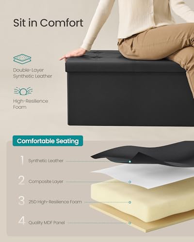 SONGMICS MAZIE Collection - 30 Inches Folding Storage Ottoman Bench, Ottoman with Storage, Foot Rest Stool, Load 660 lb, for Living Room, Synthetic Leather, Black ULSF105 - color: Black, size: 15"D x 30"W x 15"H