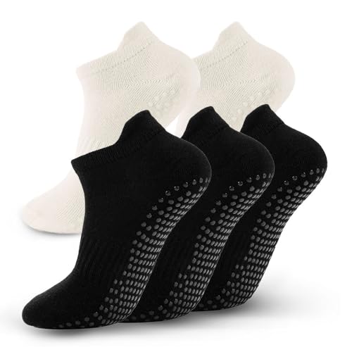 5 Pairs Pilates Socks with Grips for Women Non Slip Grip Yoga Crew Socks for Barre Hospital Barefoot - color: A- 3 Black 2 White