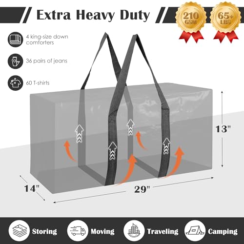 6 Pack Moving Bags with Full-Open Side Zipper, Extra Large 93L Heavy Duty Waterproof Foldable Storage Totes for College Dorm, Moving & Home Organization Black - color: Black, size: 6 Pack