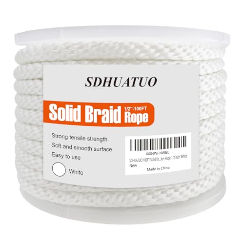 SDHUATUO 1/2 Inch Nylon Solid Braided Rope, 100FT Polyester Cord White | 2860 lbs, UV Resistant & Wearproof, Soft Flexible Rope for Swings, Camping Tent, Flagpole, Marine and Outdoor Twine, Boating - color: White, size: 1/2''-100ft