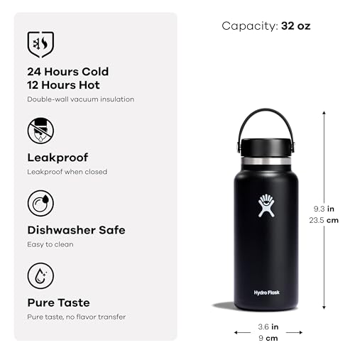 Hydro Flask Water Bottle - Insulated Stainless Steel - Wide Mouth Flex Lid, Non Spill, Leakproof and Refillable in 32 Oz Black - color: Black, style: 32 Oz