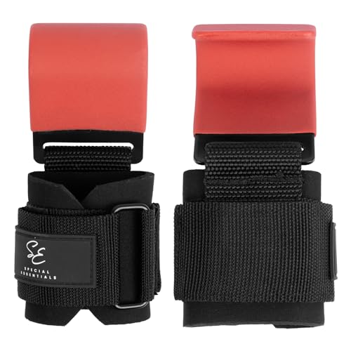 Special Essentials Weight Lifting Hooks - 1 Pair of Premium Steel Hooks with Padded Wrist Straps for Enhanced Grip, Support, and Comfort During Heavyweight Lifting and Pull-ups - Ideal for Powerlifting, Deadlifts, and Rows - color: Red