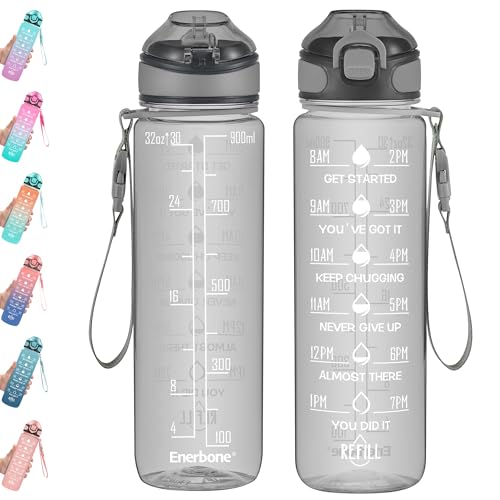Enerbone 32 oz Water Bottle with Times to Drink and Straw, Motivational Drinking Water Bottles with Carrying Strap, Leakproof BPA & Toxic Free, Ensure You Drink Enough Water for Fitness Gym Outdoor - color: Obsidian