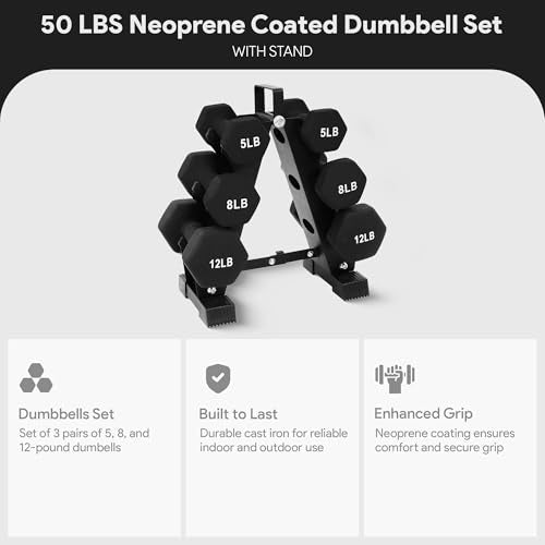 BalanceFrom Neoprene Coated Iron Dumbbell Hex Weights Set with Stand – Color-Coded or Black Options with Non-Slip Grip for Strength Training, Resistance Workouts, and Home Gym Fitness - style: 50LBS Set