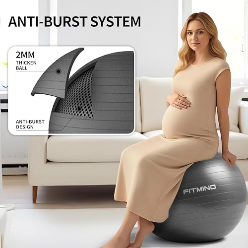FITMIND_ Extra Thick Exercise Ball Yoga Ball 22in/26in/30in for Workout Pregnancy Stability,Anti-Burst and Slip Resistant Swiss Ball with Pump for Yoga, Pilates, Fitness,Birthing,Physical Therapy - color: black, size: 18-22in/45-55cm