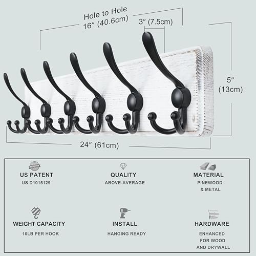 Dseap Coat Rack Wall Mounted - 24" Long 6 Tri Hooks, Heavy Duty Wooden Wall Coat Hanger Coat Hook for Clothes Hat Jacket Clothing, White and Black - color: White & Black, size: L=24"